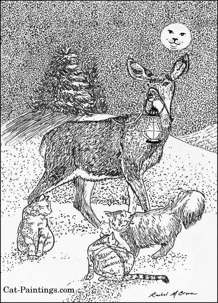 Illustration of cats in the field with a deer